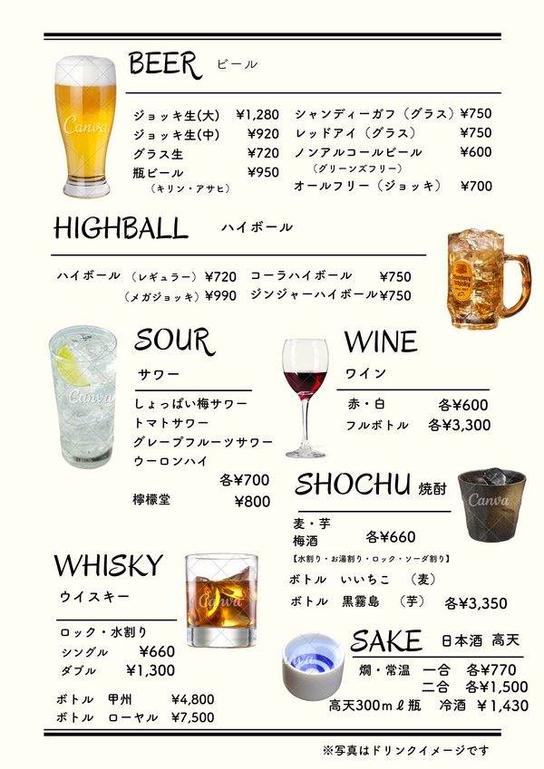 アルコールメニュー